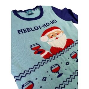 Norther Pole Ugly Christmas‎ Sweater Medium Santa Merlot Ho Ho Wine Light Blue